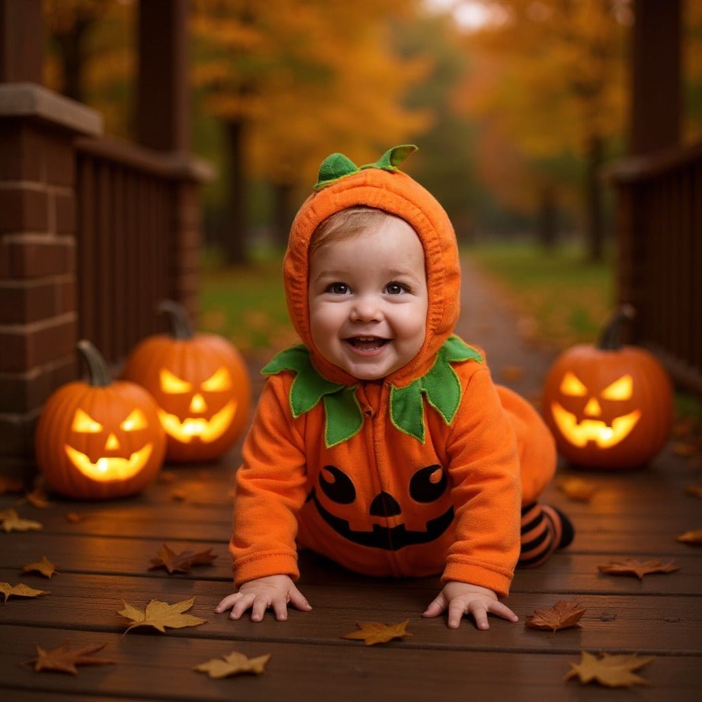 Deguisement citrouille bebe rampant avec citrouilles lumineuses Halloween