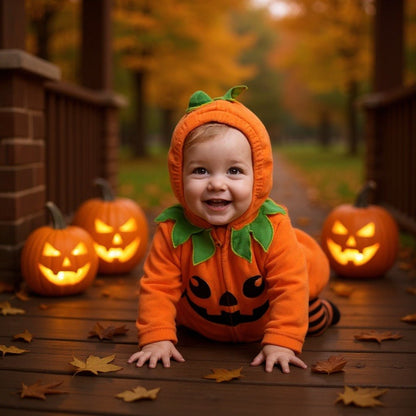 Deguisement citrouille bebe rampant avec citrouilles lumineuses Halloween