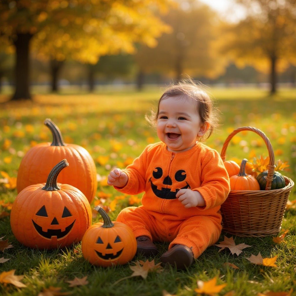 Deguisement citrouille bebe assis dans un champ de citrouilles automne