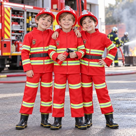 Trois enfants en déguisement de pompier devant un camion de pompiers