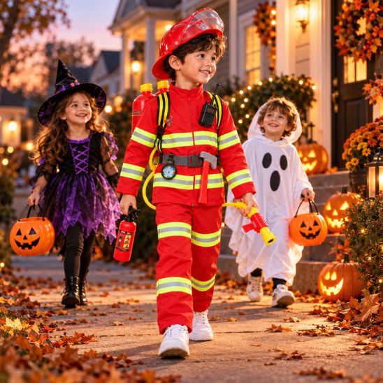Enfant en déguisement de pompier pendant la chasse aux bonbons d'Halloween avec une sorcière et un fantôme