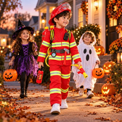 Enfant en déguisement de pompier pendant la chasse aux bonbons d'Halloween avec une sorcière et un fantôme