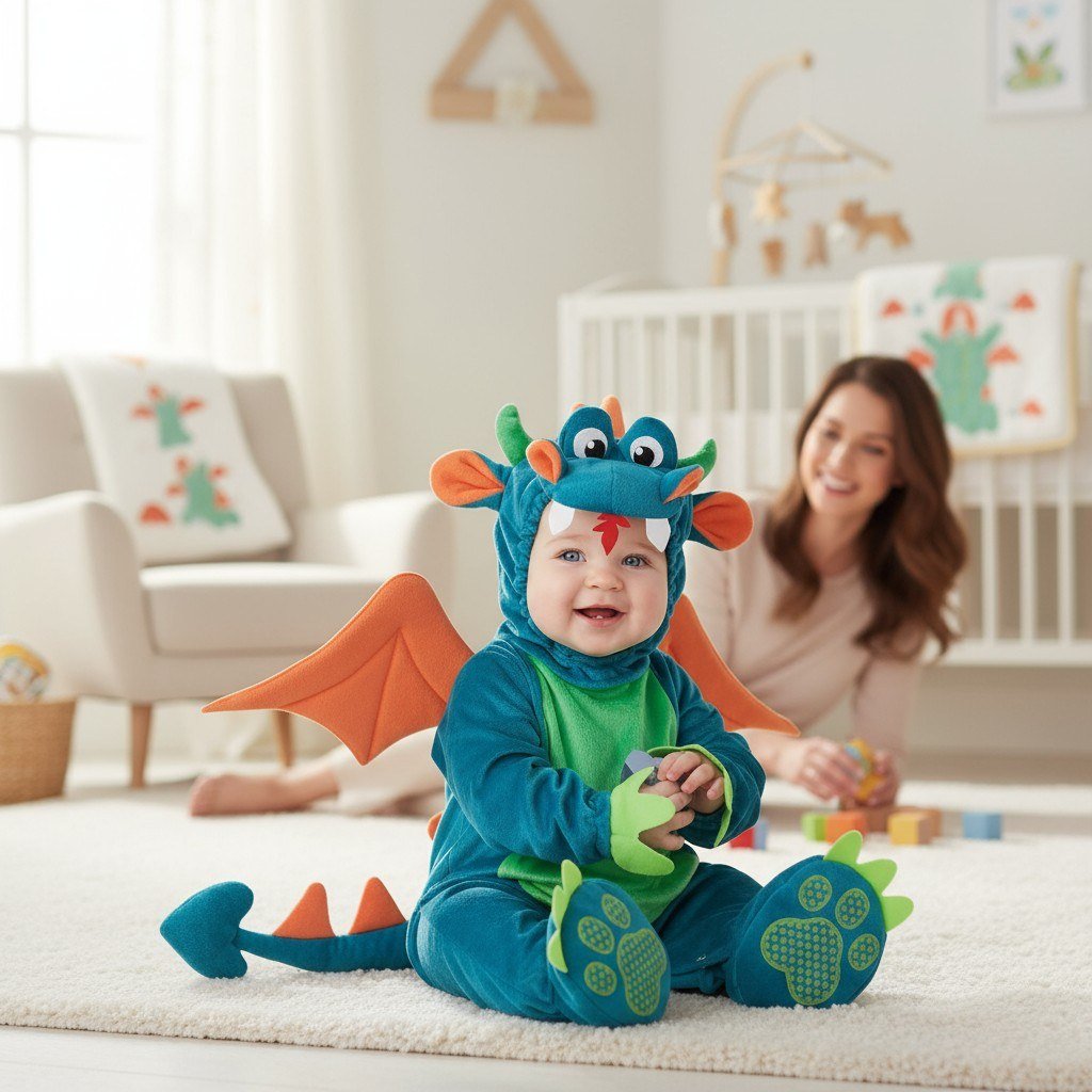 Bébé en costume dragon bleu et vert souriant, dans une chambre lumineuse avec décor de dragons – Spot Bébé"
