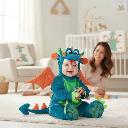 Bébé en costume dragon bleu et vert souriant, dans une chambre lumineuse avec décor de dragons – Spot Bébé"