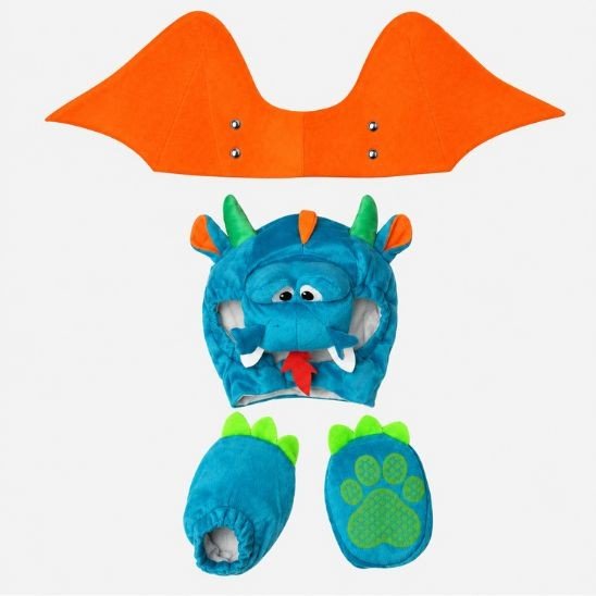 Capuche tête de dragon, ailes orange en feutrine et chaussons à semelles pattes du déguisement dragon bébé