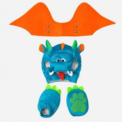 Capuche tête de dragon, ailes orange en feutrine et chaussons à semelles pattes du déguisement dragon bébé