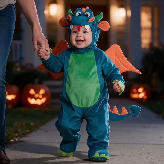 Bébé dragon qui fait ses premiers pas en tenant la main de son parent le soir d'Halloween