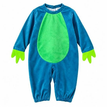 Combinaison bleue du déguisement dragon bébé avec ventre vert et manchettes à crêtes vertes