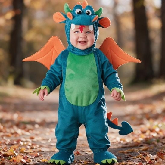 Bébé souriant debout en déguisement dragon bébé bleu à ventre vert et ailes orange, sur un chemin de feuilles d'automne