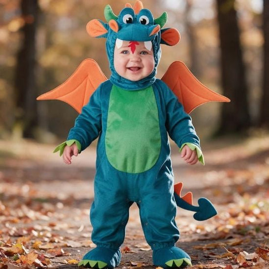 Bébé souriant debout en déguisement dragon bébé bleu à ventre vert et ailes orange, sur un chemin de feuilles d'automne