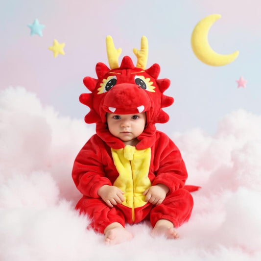 Déguisement enfant dragon rouge bébé avec capuche et ventre jaune