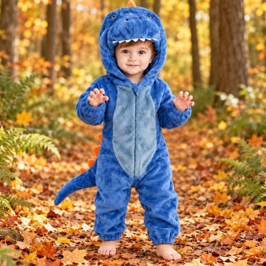Bébé debout en déguisement dinosaure bébé bleu en polaire, capuche à dents et piques orange, dans une forêt d'automne