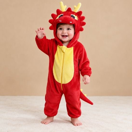 Bébé souriant en combinaison dragon bébé rouge à ventre jaune et capuche à bois jaunes, en studio