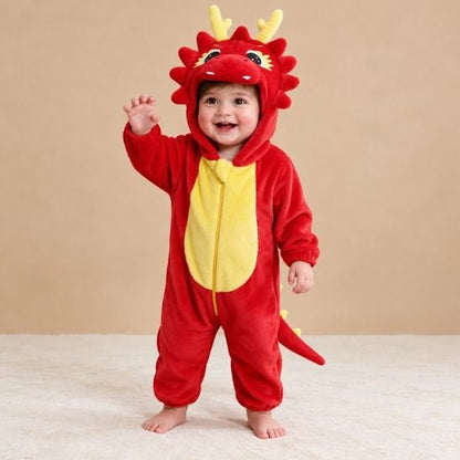 Bébé souriant en combinaison dragon bébé rouge à ventre jaune et capuche à bois jaunes, en studio