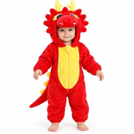 Combinaison dragon bébé rouge en polaire avec ventre jaune, zip, queue et capuche à collerette, sur fond blanc