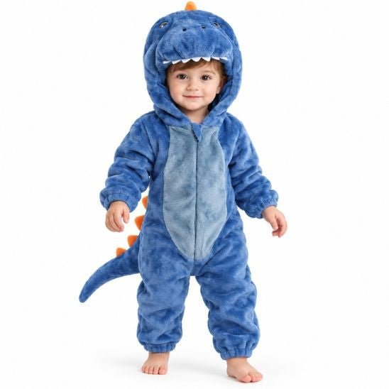Déguisement dinosaure bébé bleu en polaire avec ventre gris, zip, queue et capuche à dents, sur fond blanc