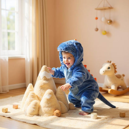 Déguisement enfant dinosaure bleu bébé jouant sur tapis clair