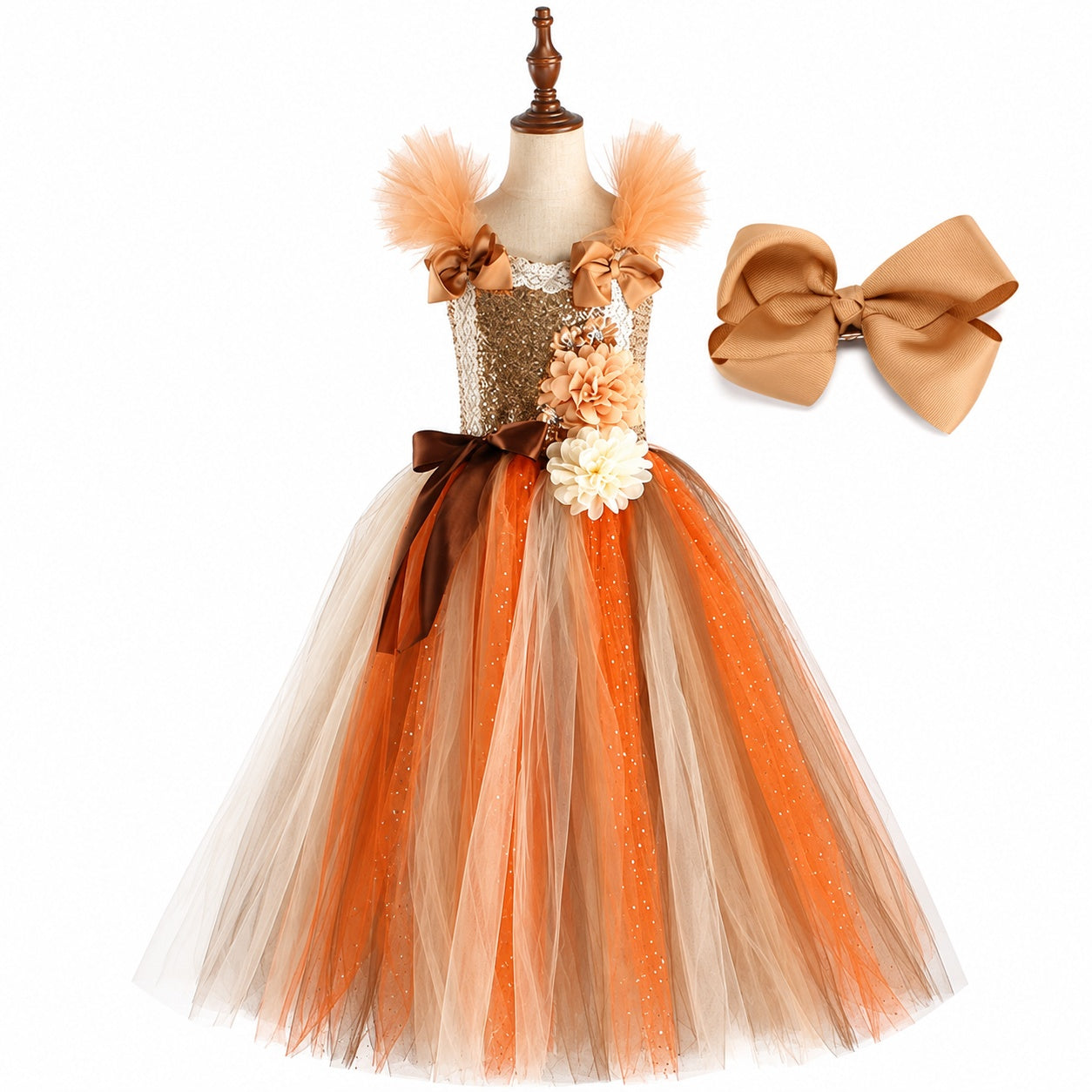 Déguisement fée fille robe orange et dorée avec nœud pour cheveux assorti inclus