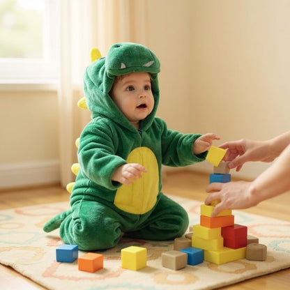 Déguisement Halloween bébé dinosaure vert avec queue rembourrée – combinaison enfant chaude