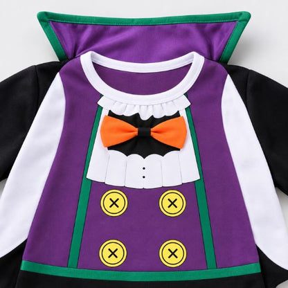Détails du déguisement Halloween bébé – col violet, nœud papillon et boutons jaunes