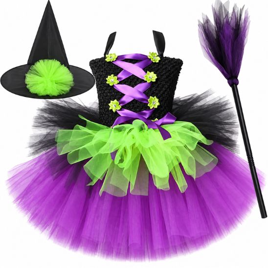 Déguisement Halloween sorcière complet : robe tutu vert fluo et violet, chapeau pointu à pompon de tulle et balai