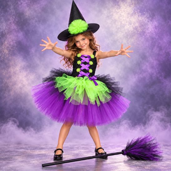 Petite sorcière en tutu vert et violet, bras tendus pour lancer un sort, balai posé au sol