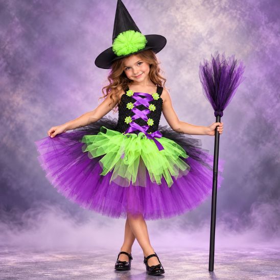 Fillette souriante en déguisement Halloween sorcière, tutu vert fluo, violet et noir, chapeau pointu et balai