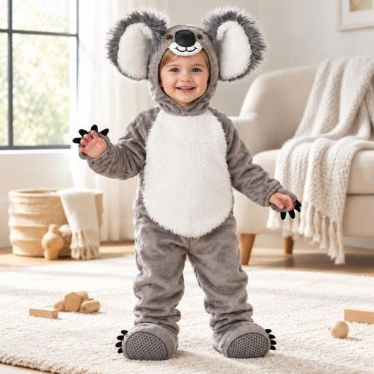 Bébé souriant en déguisement koala gris et blanc debout dans un salon cosy