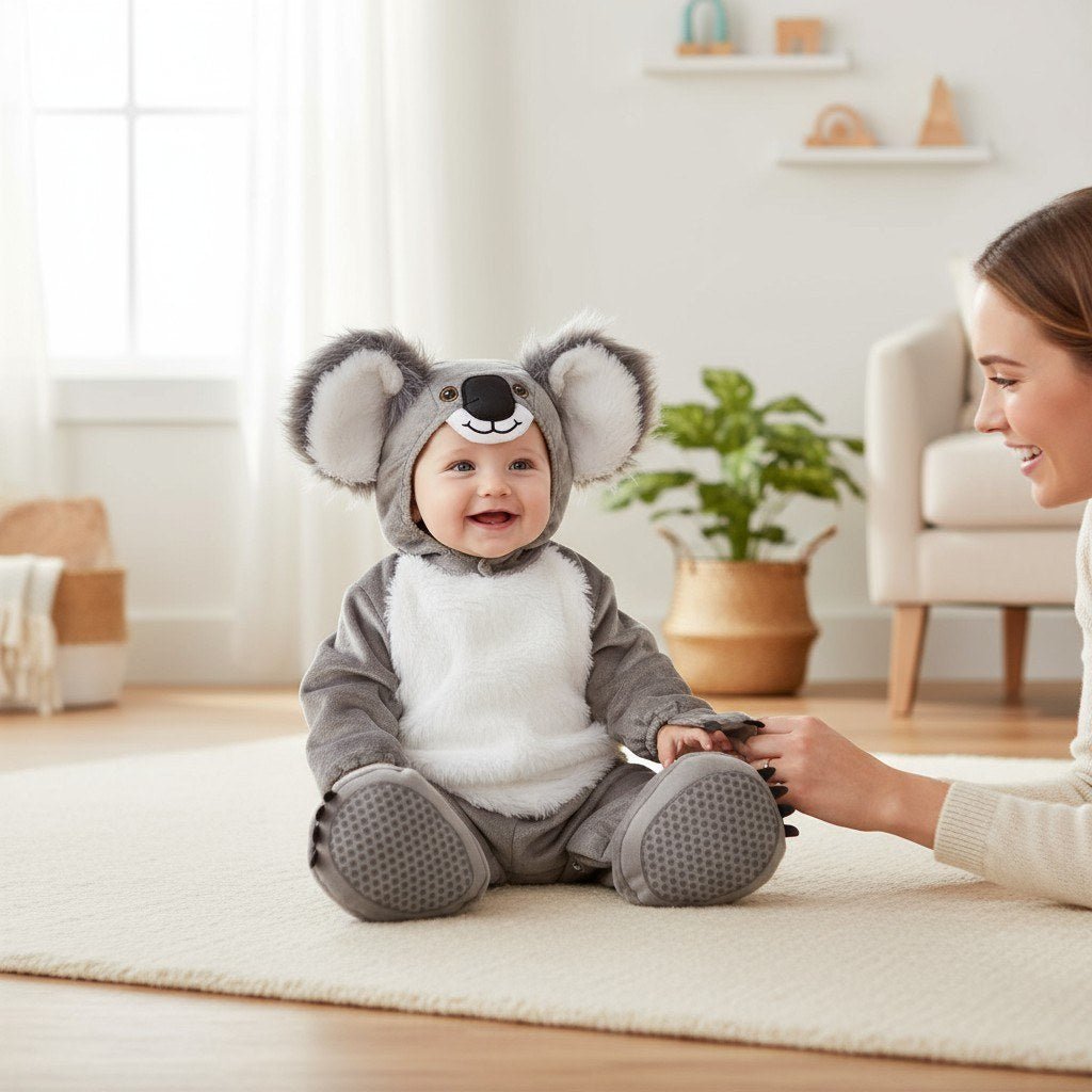 Bébé déguisé en koala tenant la main de sa maman, ambiance scandinave douce – Spot Bébé"