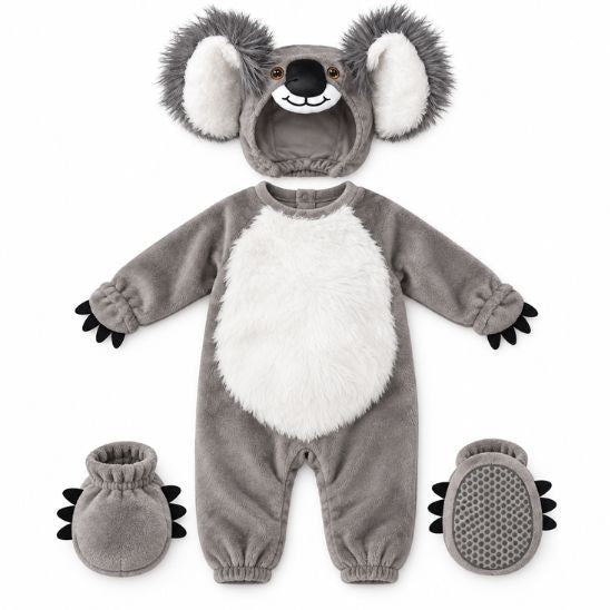 Déguisement koala bébé gris en 3 pièces : combinaison à ventre blanc, bonnet à grandes oreilles et chaussons antidérapants