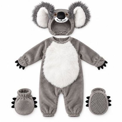 Déguisement koala bébé gris en 3 pièces : combinaison à ventre blanc, bonnet à grandes oreilles et chaussons antidérapants