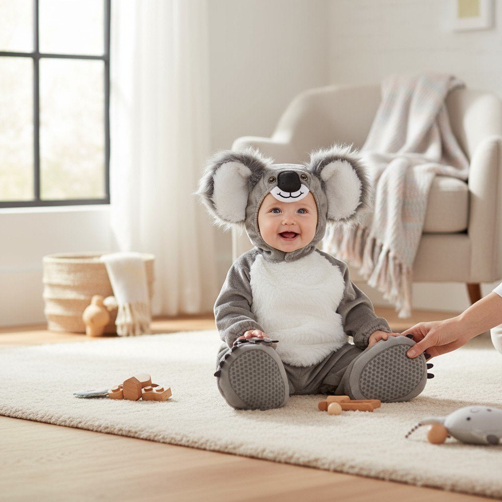 Bébé en costume koala assis sur un tapis beige, grandes oreilles grises et museau souriant – Spot Bébé