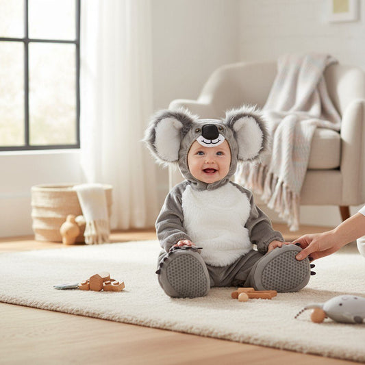 Bébé en costume koala assis sur un tapis beige, grandes oreilles grises et museau souriant – Spot Bébé