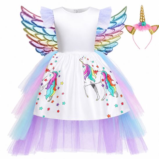 Ensemble déguisement licorne enfant 3 pièces : robe, ailes et serre-tête