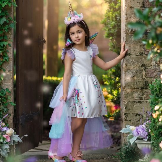 Costume licorne enfant, jupe tulle arc-en-ciel tenue à la main