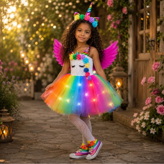 Déguisement licorne fille avec lumières LED allumées à la tombée de la nuit