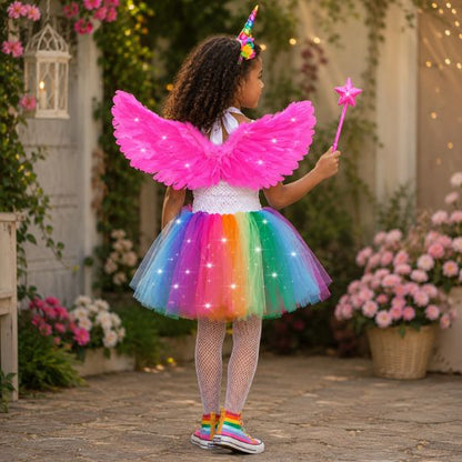 Déguisement licorne fille vue de dos avec ailes roses et baguette magique