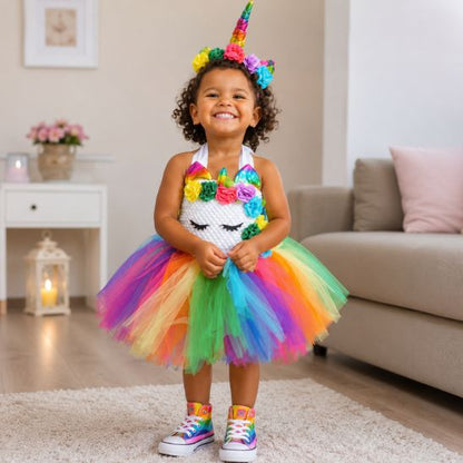 Fillette souriante en déguisement licorne, à l'intérieur de la maison
