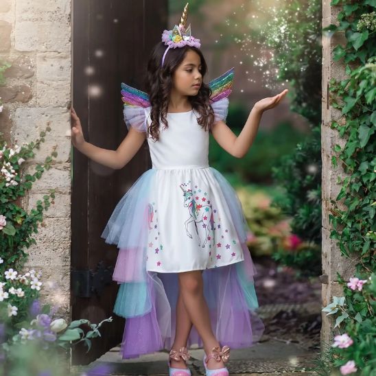  Robe licorne enfant avec ailes arc-en-ciel, fillette dans une allée fleurie