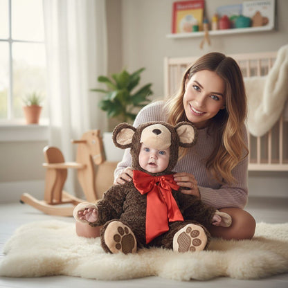 Costume ours bébé avec oreilles rondes et nœud rouge, dans une chambre scandinave claire – Spot Bébé"