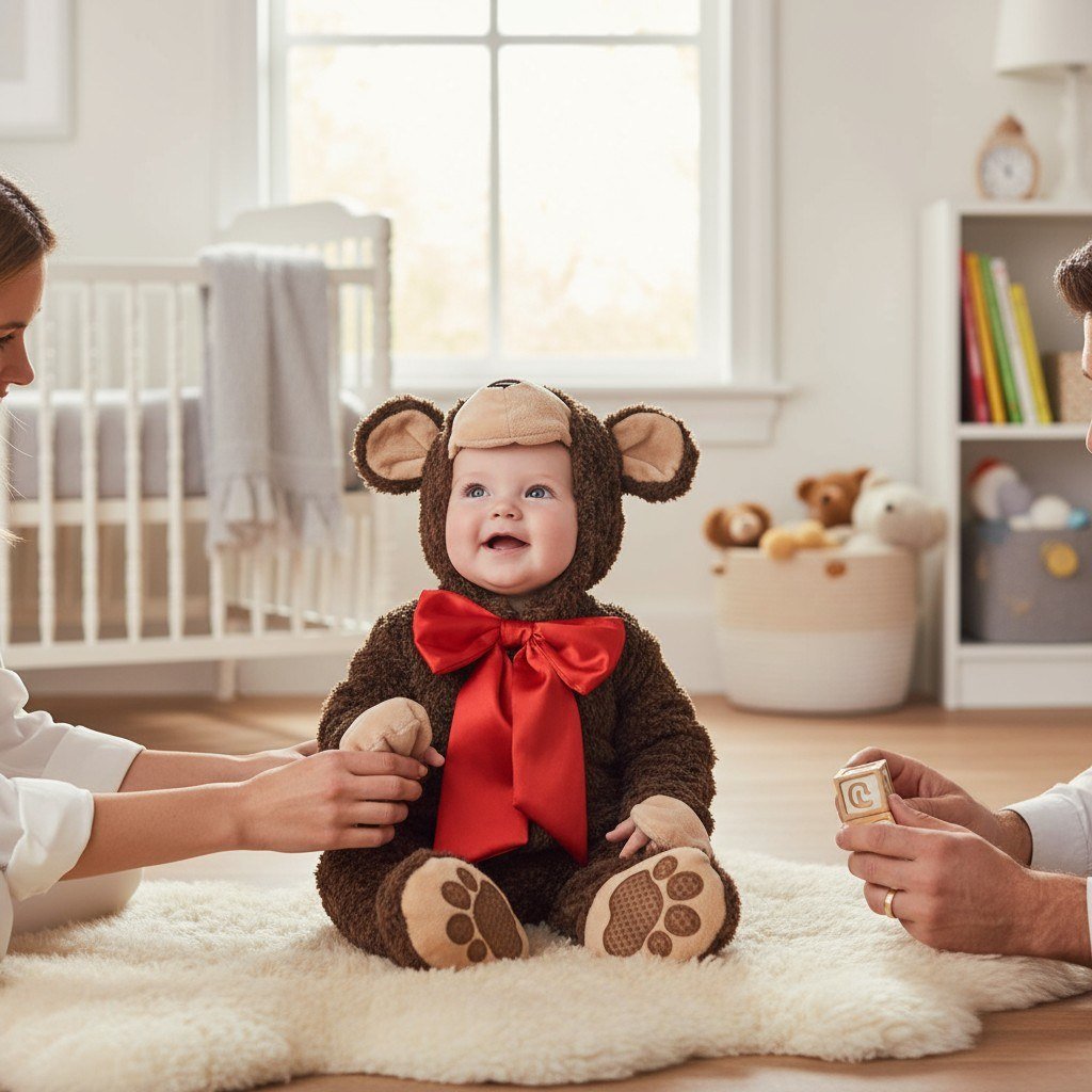 Bébé déguisé en ourson avec grand nœud rouge, entouré de ses parents dans une chambre lumineuse – Spot Bébé"