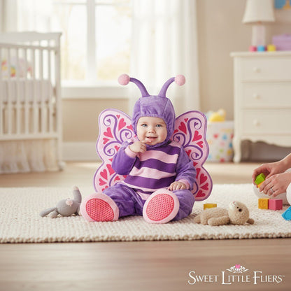 Bébé déguisé en papillon mauve et rose avec grandes ailes décorées, assis sur un tapis dans une chambre lumineuse – Spot Bébé"