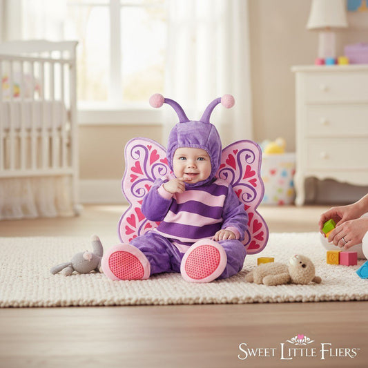 Bébé déguisé en papillon mauve et rose avec grandes ailes décorées, assis sur un tapis dans une chambre lumineuse – Spot Bébé"