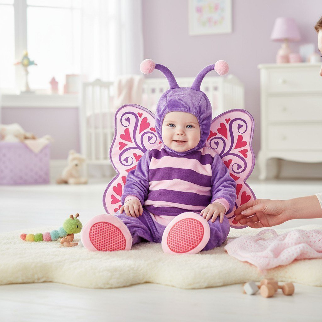 Costume papillon bébé mauve à antennes pompons, ambiance chambre pastel et jouets en bois – Spot Bébé"
