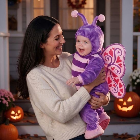 Maman qui porte son bébé en déguisement papillon devant des citrouilles d'Halloween