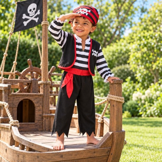 Enfant en déguisement pirate à la proue d'un bateau en bois dans le jardin