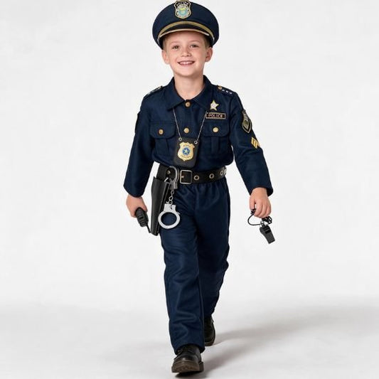 Enfant souriant en déguisement de policier avec badge autour du cou, menottes et sifflet