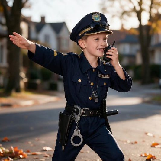 Enfant en costume policier qui règle la circulation avec son sifflet et son talkie-walkie