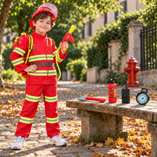 Garçon en déguisement pompier rouge avec casque, sac à dos réservoirs et lance à eau, hache, extincteur, talkie-walkie et boussole posés sur un banc