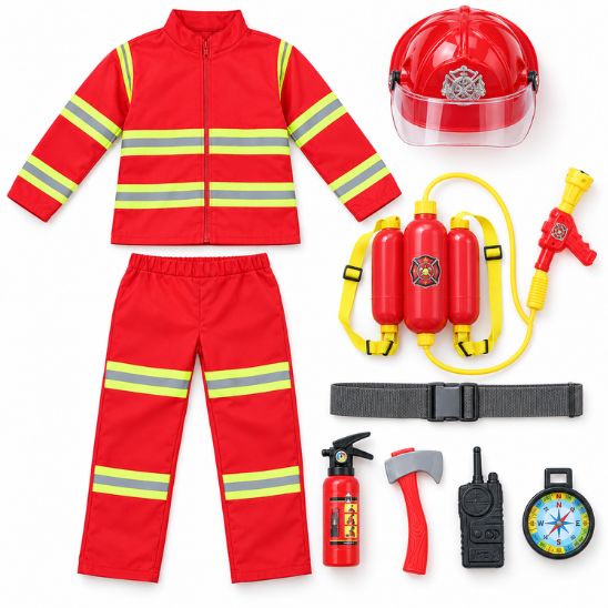 Kit complet du déguisement pompier : veste, pantalon, ceinture, casque, sac à dos réservoirs avec lance, extincteur, hache, talkie-walkie et boussole